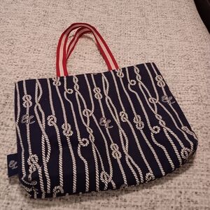 Estee Lauder Navy and White Nautical Tote with Red Handles